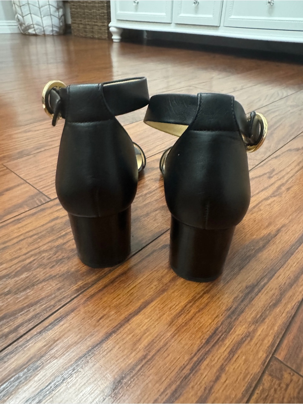 Michael Michael Kors Black Block Heel Sandals with Gold Buckle - Picture 2 of 11